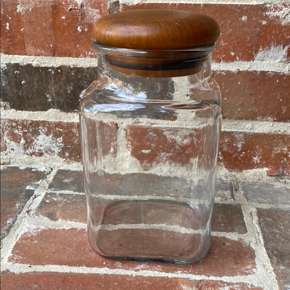 Vintage Dolphin Glass Square Storage Jar with Teakwood Lid